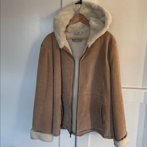 Stephanie Andrews Tan Cream Suede Leather Jacket Coat Lined in Faux Fur Size XL
